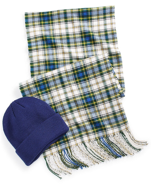 CLUB ROOM Men's Beanie & Scarf Set Blue/ Green & White ONE SIZE